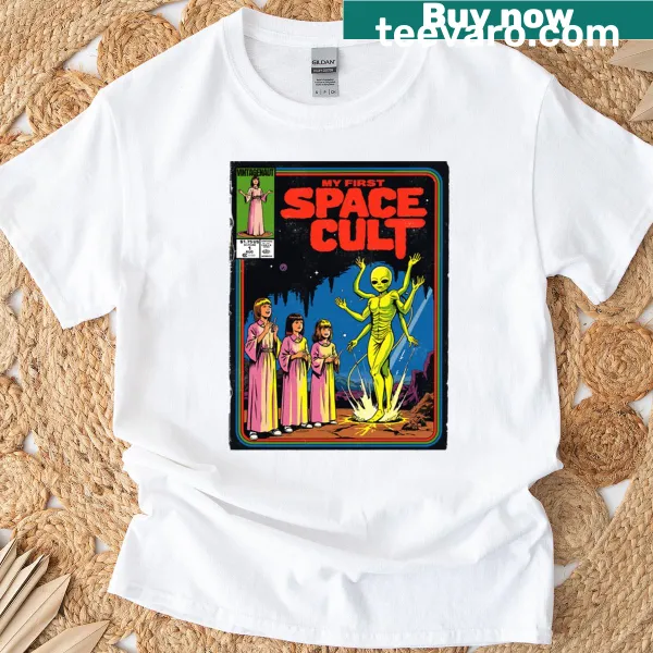 Funny retro comic book design shirt about space cults