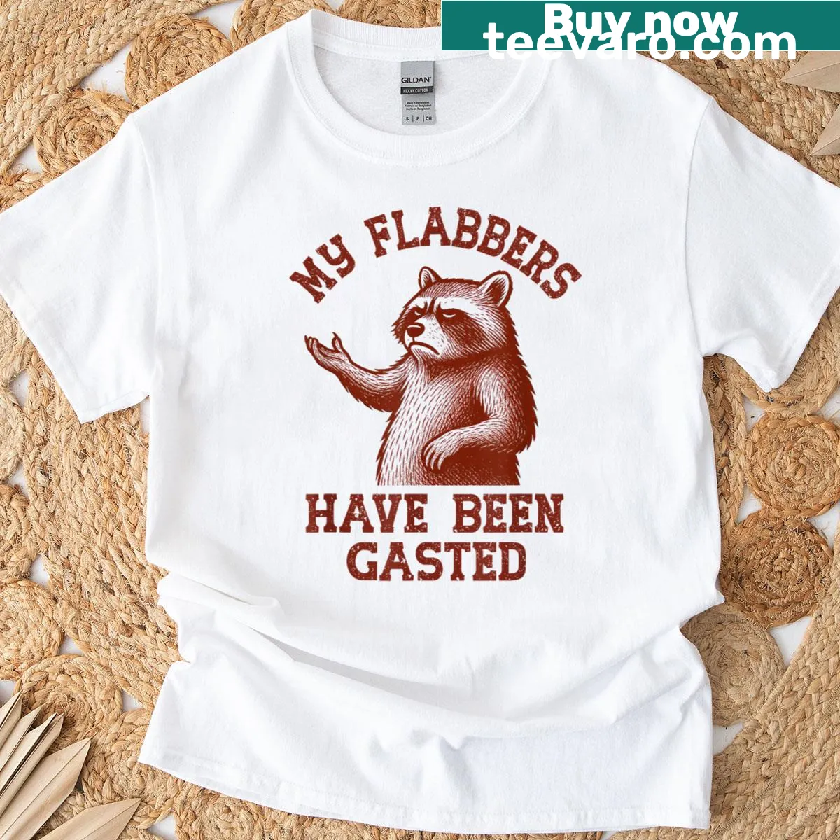 Funny raccoon t-shirt with humorous text about flabbers — on a men's t-shirt