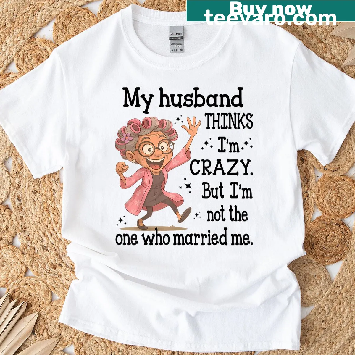 Humorous text t-shirt about marriage and craziness — on a men's t-shirt