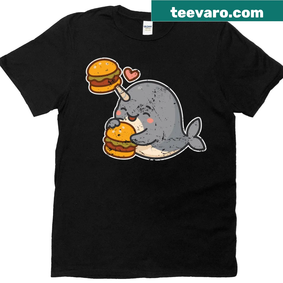 Cartoon of a narwhal enjoying a burger — on a men's t-shirt