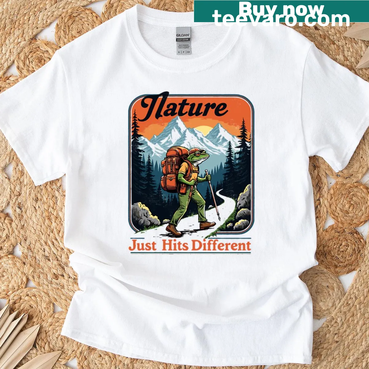 T-shirt with frog graphic and hiking theme — on a men's t-shirt