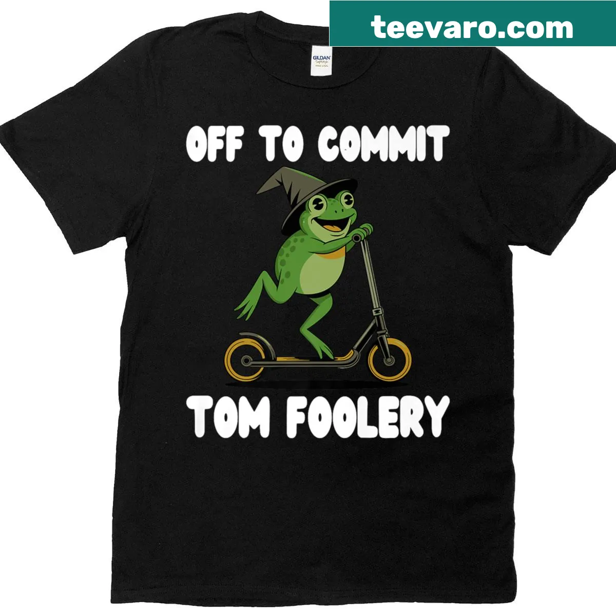Cartoon frog announcing 'Off To Commit Tomfoolery' on a t-shirt — on a men's t-shirt