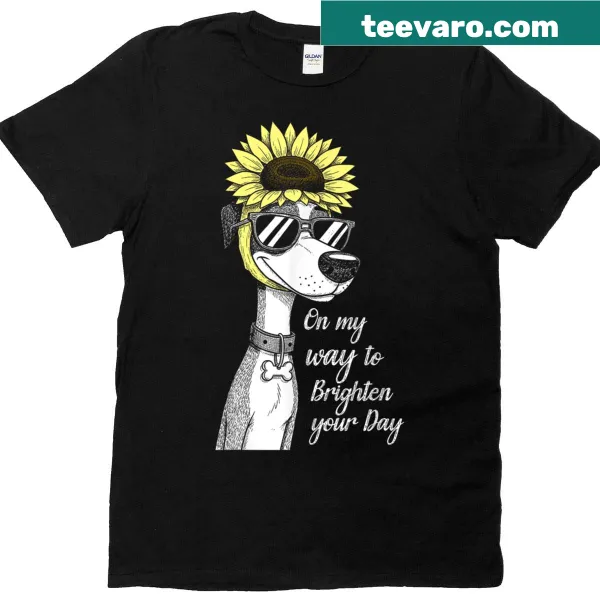 Illustrative sunflower and dog graphics with the text 'On My Way To Brighten Your Day'