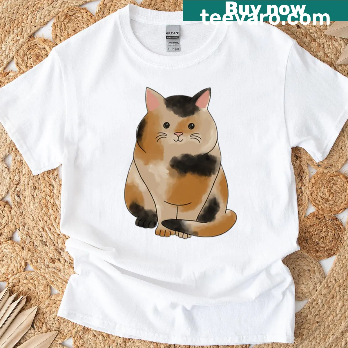 Painterly calico cat t-shirt with artistic design — on a men's t-shirt