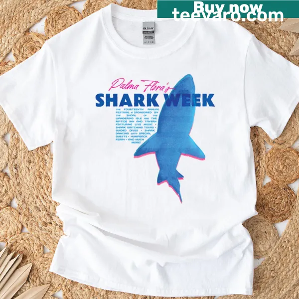 Cartoon graphic celebrating Shark Week on t-shirt