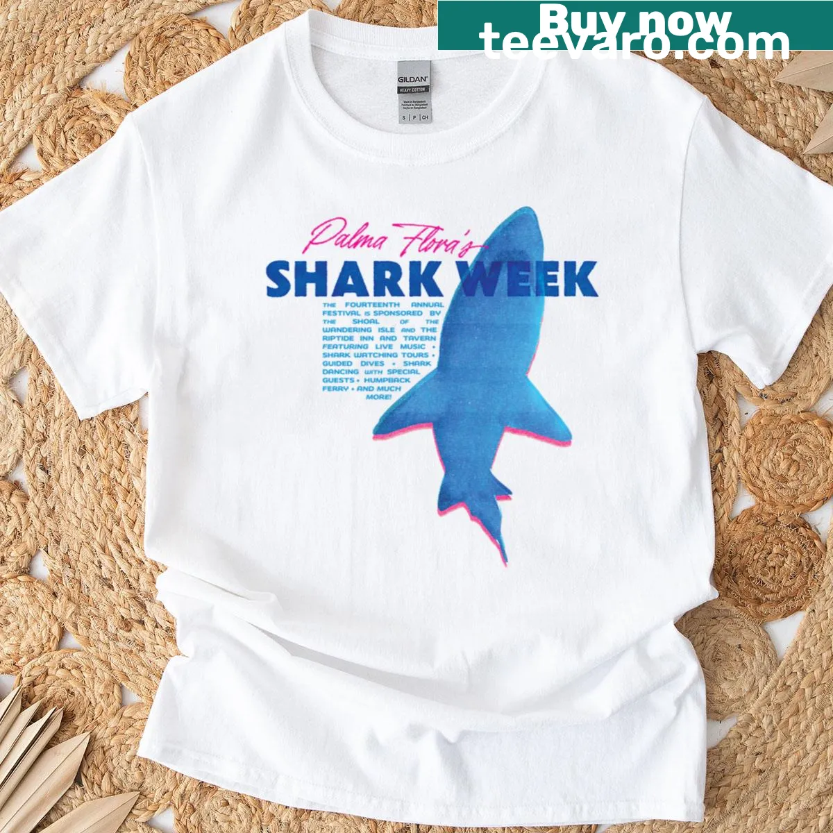 Cartoon graphic celebrating Shark Week on t-shirt — on a men's t-shirt