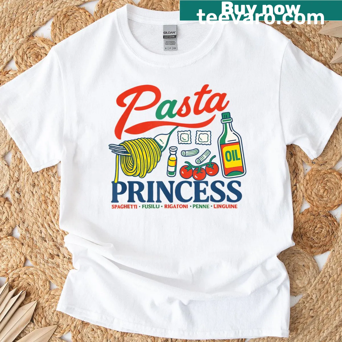 Retro foodie t-shirt with doodle art of pasta and crowns — on a men's t-shirt