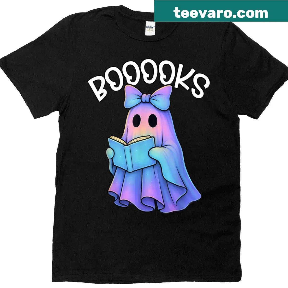 T-shirt featuring a pastel ghost reading books with a galaxy background — on a men's t-shirt