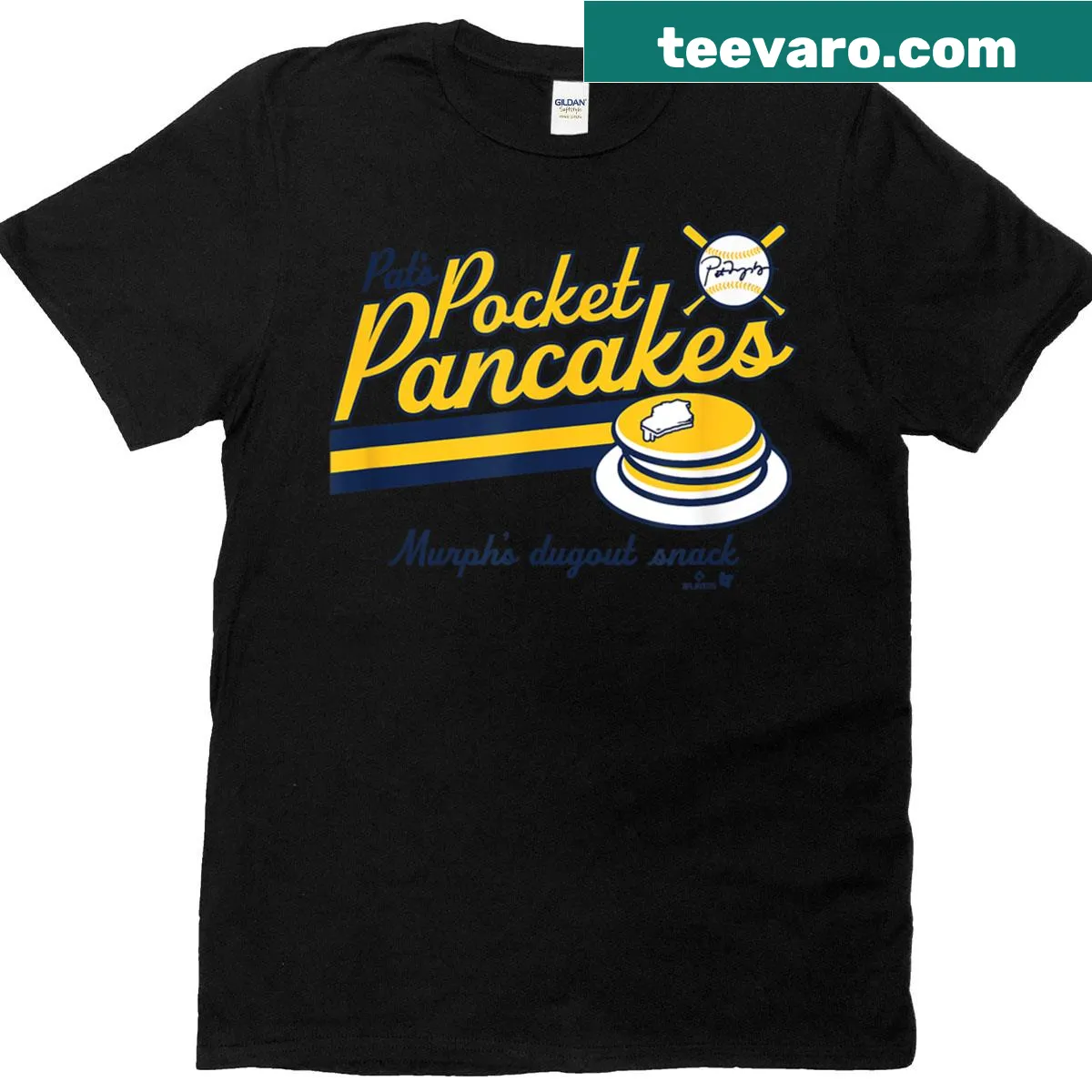 T-shirt featuring a playful illustration of pancakes in a pocket with baseball theme — on a men's t-shirt