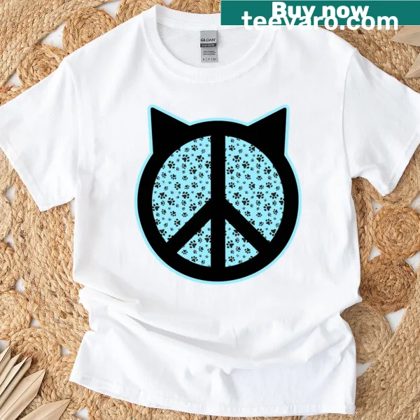 Paw prints and peace symbols graphic on a casual t-shirt