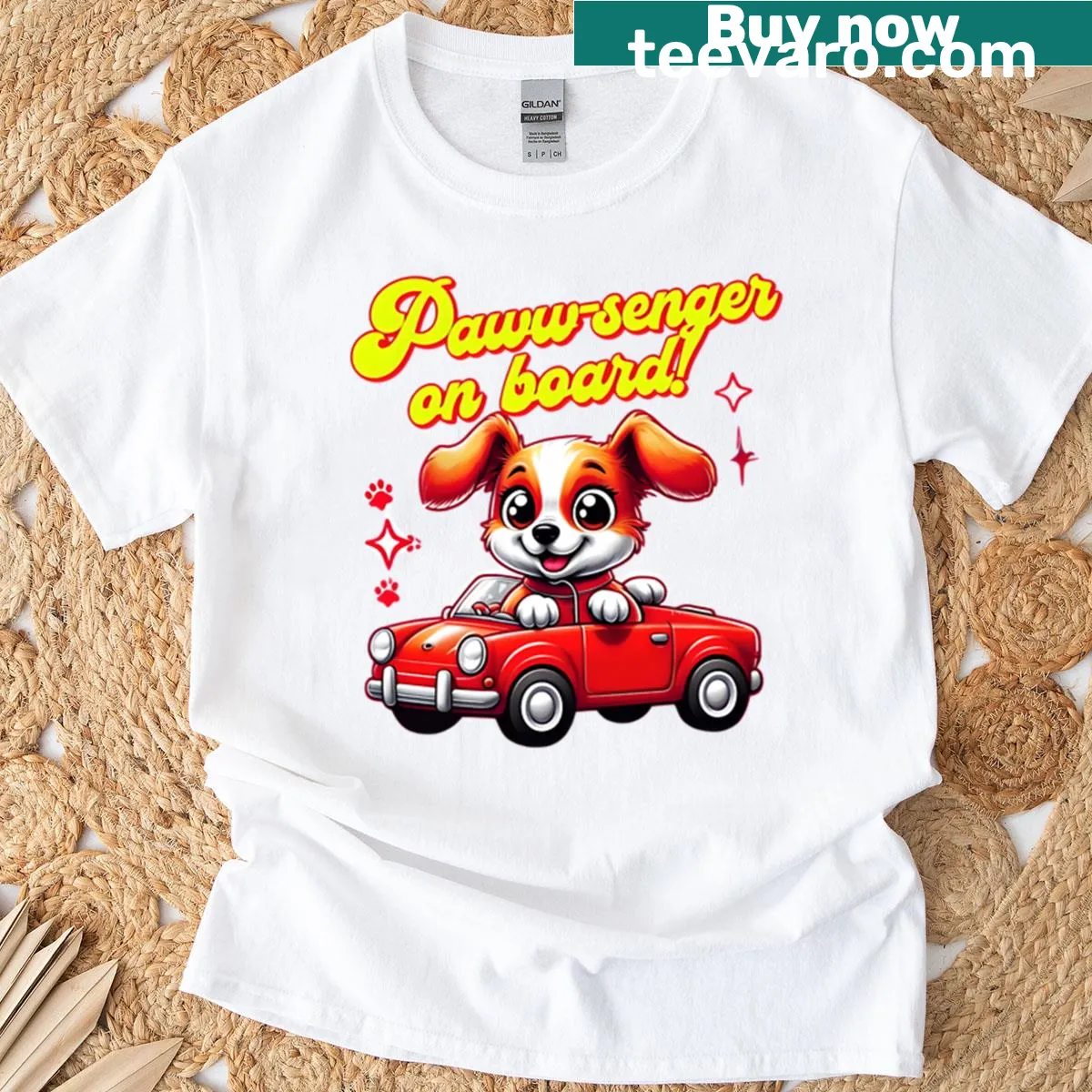 T-shirt with 'Paww-senger On Board' text for dog lovers. — on a men's t-shirt