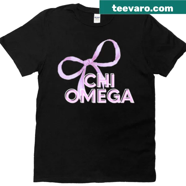 T-shirt featuring a hand-lettered Chi Omega design with a pink bow