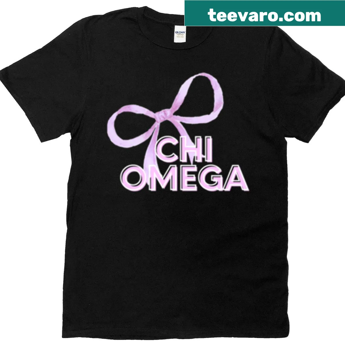 T-shirt featuring a hand-lettered Chi Omega design with a pink bow — on a men's t-shirt