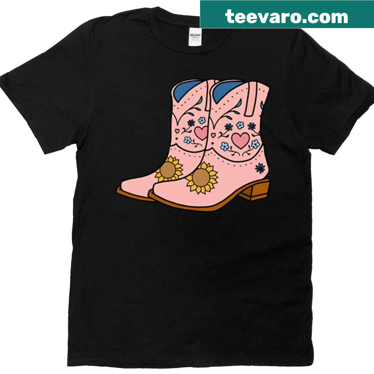 T-shirt featuring playful pink cowboy boots illustration — on a men's t-shirt