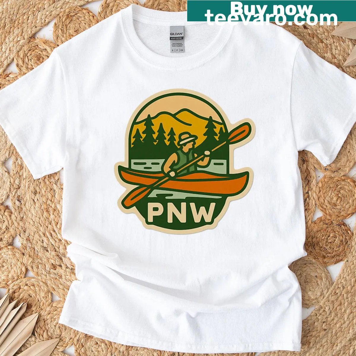 Retro t-shirt featuring a kayaker and paddle adventure design — on a men's t-shirt