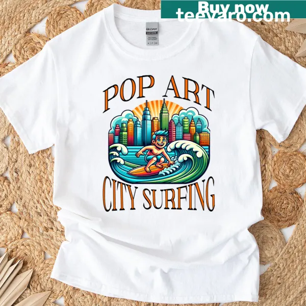 Pop art T-shirt with a cartoon surfer in a city background