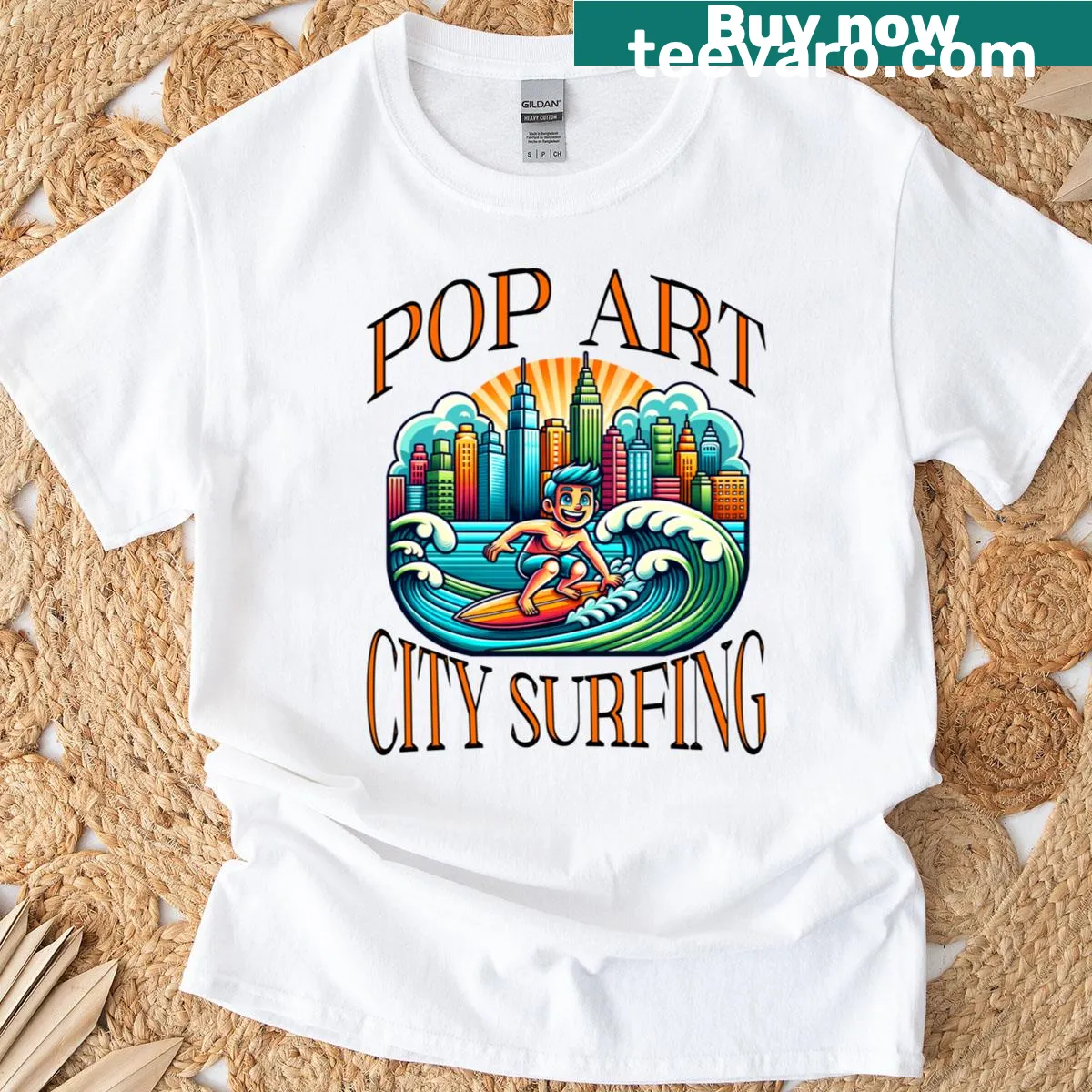 Pop art T-shirt with a cartoon surfer in a city background — on a men's t-shirt