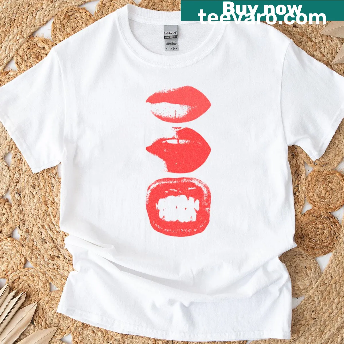 Bold graphic illustration of red pop art lips on t-shirt — on a men's t-shirt