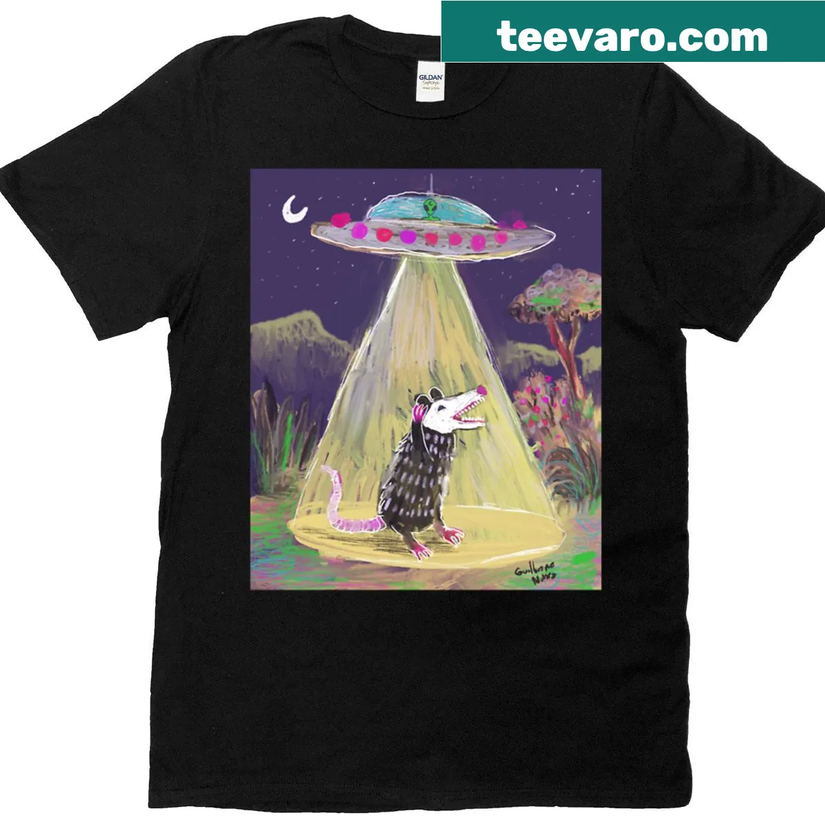 Whimsical T-shirt featuring a possum being abducted — on a men's t-shirt