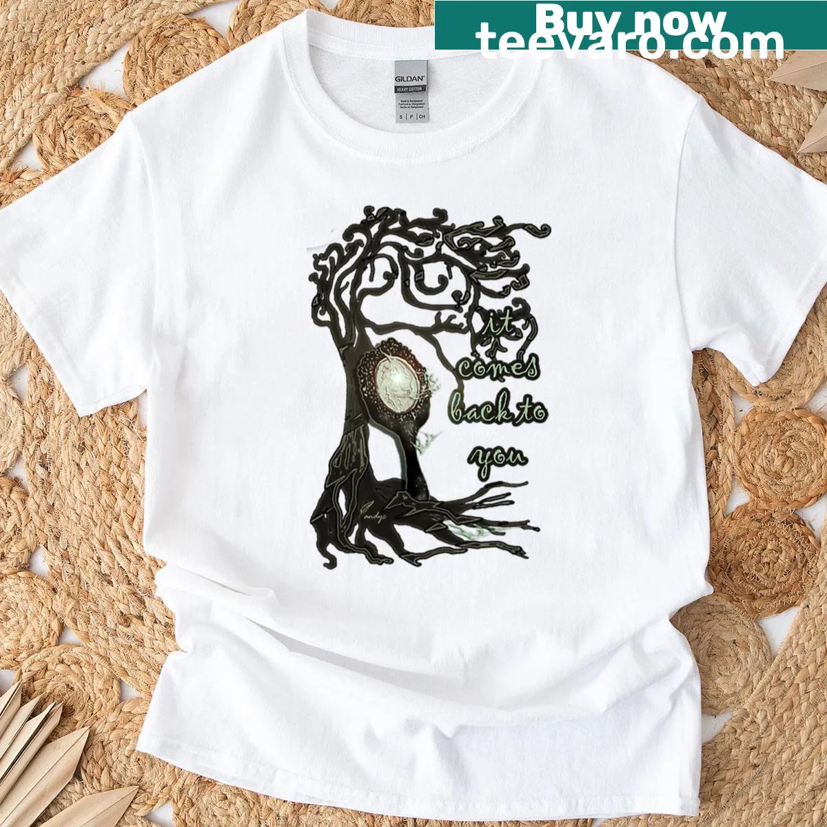 Graphic T-shirt with an abstract design emphasizing protection and self-reflection — on a men's t-shirt