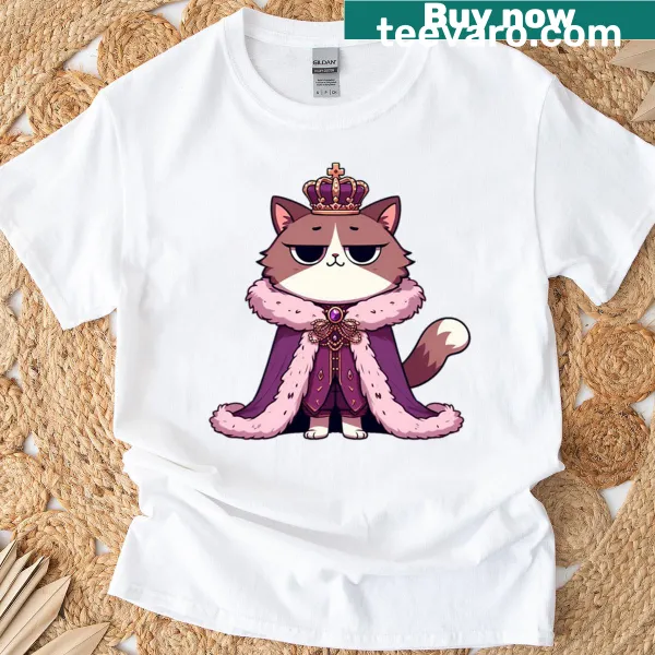 Regal cartoon cat with crown and cloak illustration on T-shirt