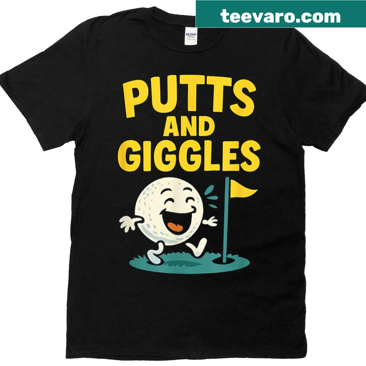Cartoon graphic shirt featuring the phrase 'Putts and Giggles' with golf elements — on a men's t-shirt