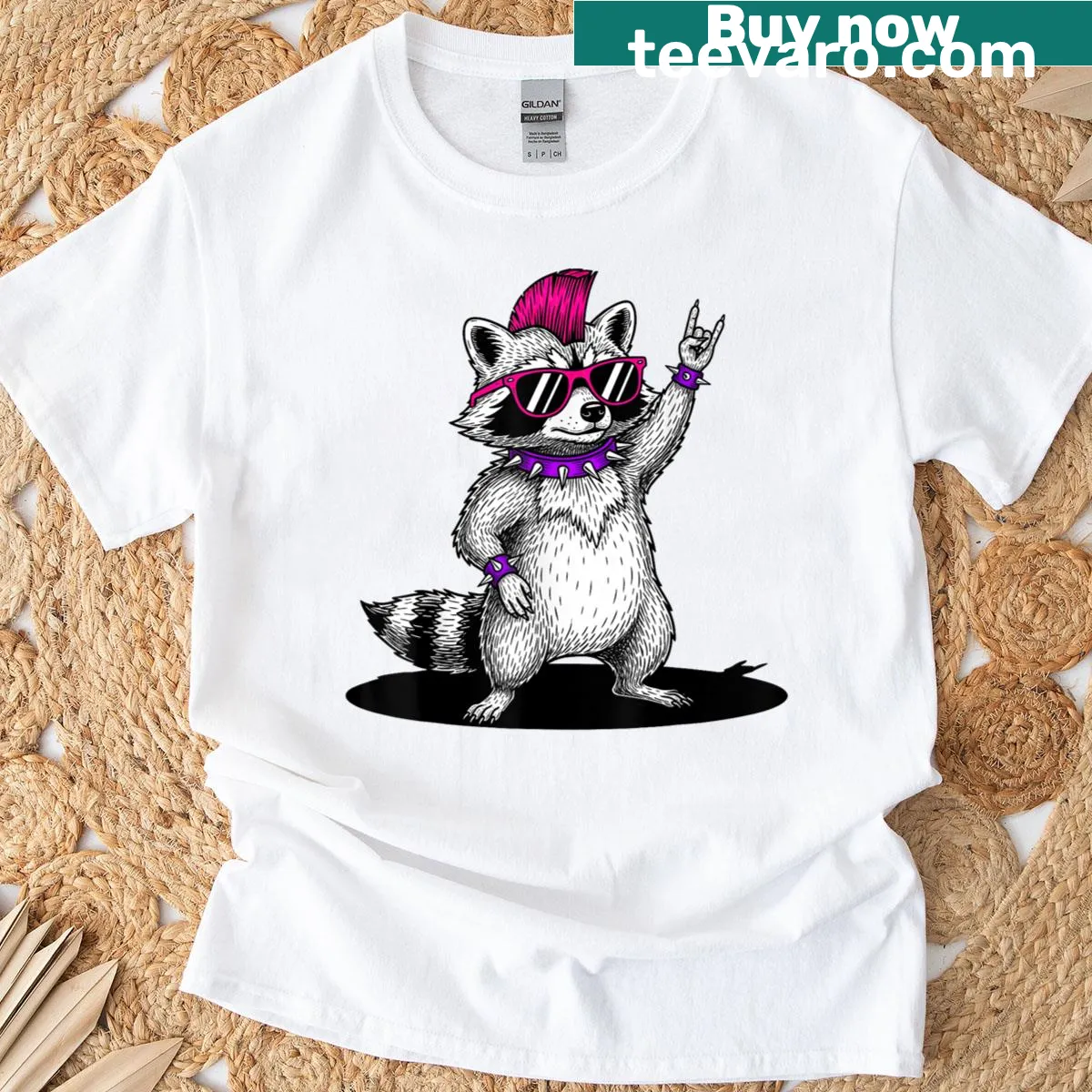 Funny T-shirt featuring a cartoon raccoon with a rock music theme — on a men's t-shirt