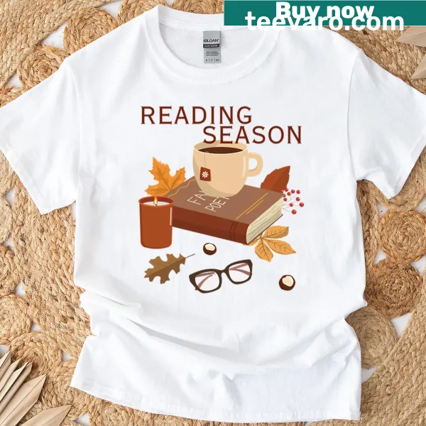 Cozy autumn-themed graphic illustrating reading on t-shirt
