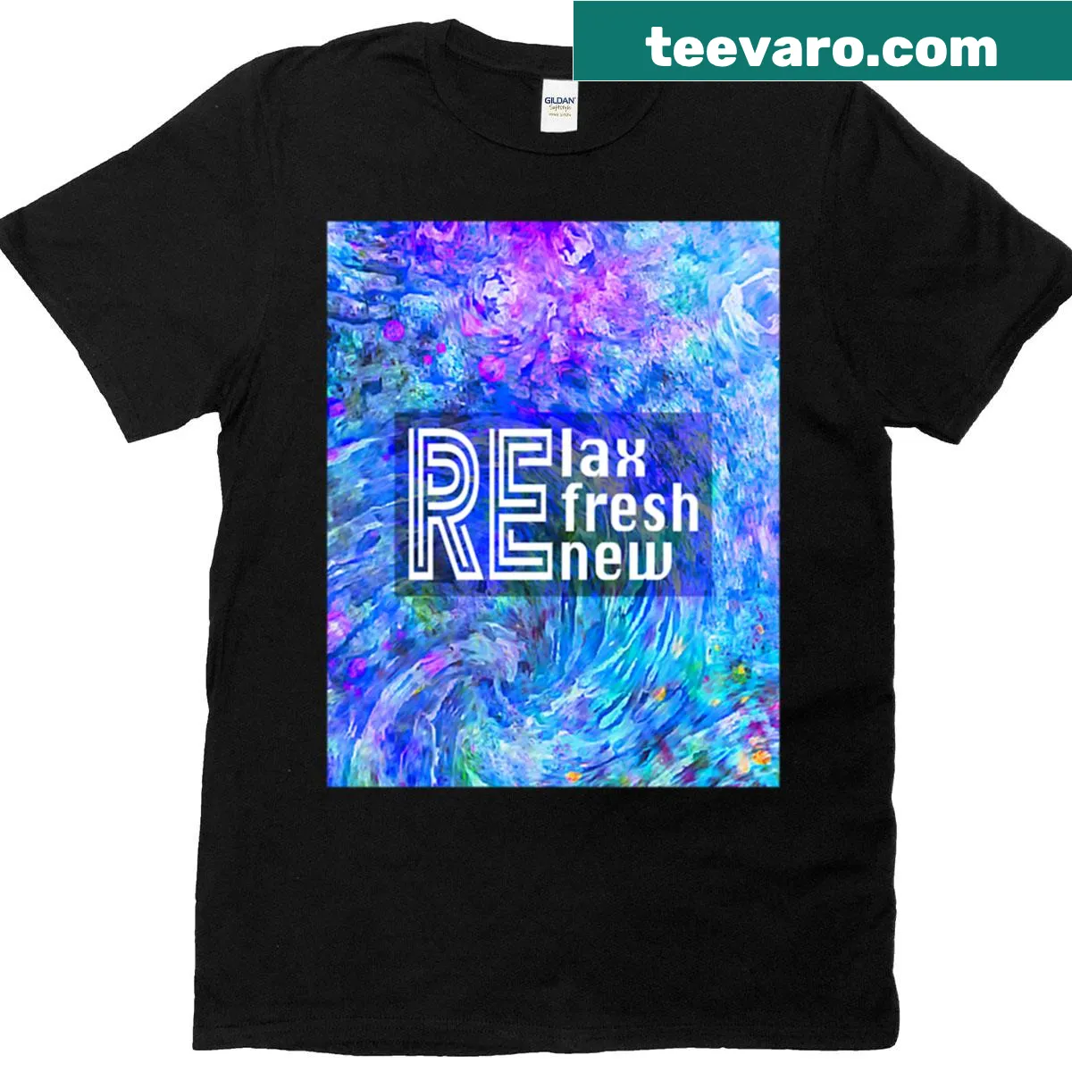 T-shirt with text 'Relax Refresh Renew' on abstract art design — on a men's t-shirt