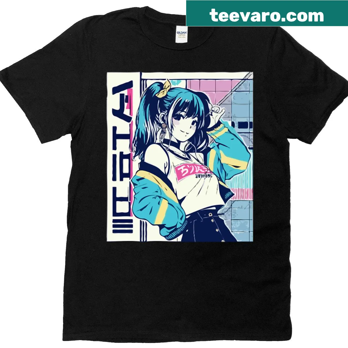 Retro anime girl graphic T-shirt showcasing street style — on a men's t-shirt