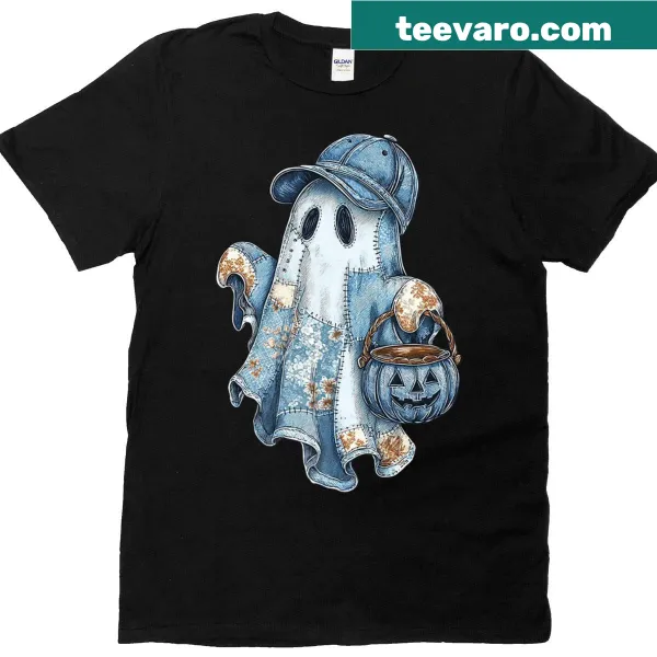 Cartoon ghost boy t-shirt for kids in denim patchwork style