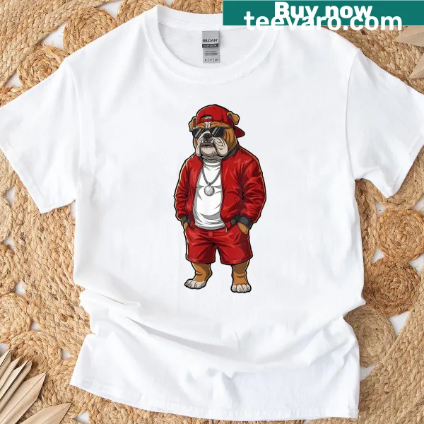 Distressed T-shirt featuring bulldogs in sunglasses with a funny design