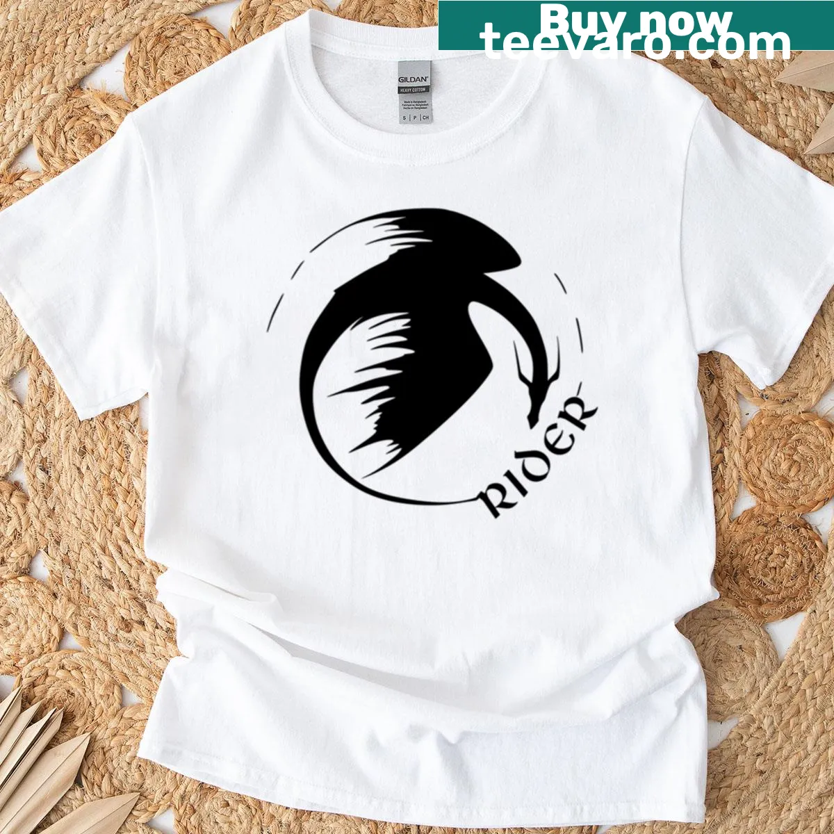 Fantasy T-shirt showcasing dragon rider design inspired by war college. — on a men's t-shirt