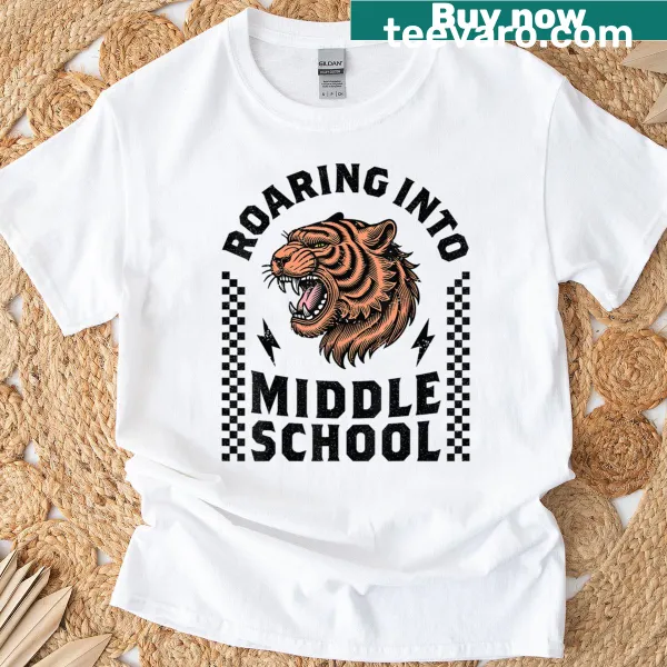 Illustration of a tiger with text 'Roaring Into Middle School'