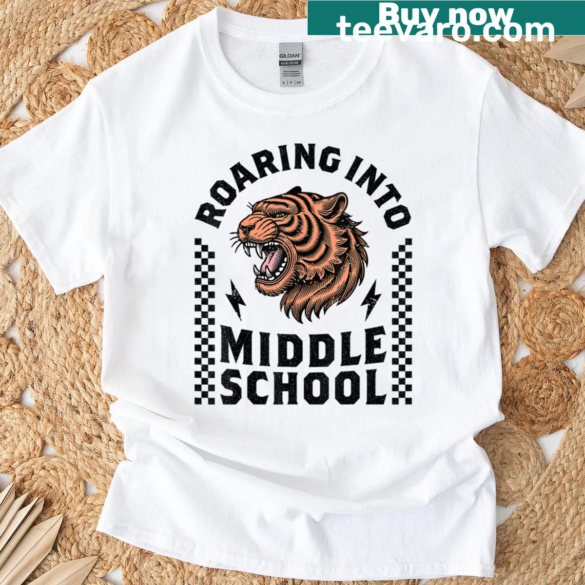 Illustration of a tiger with text 'Roaring Into Middle School' — on a men's t-shirt