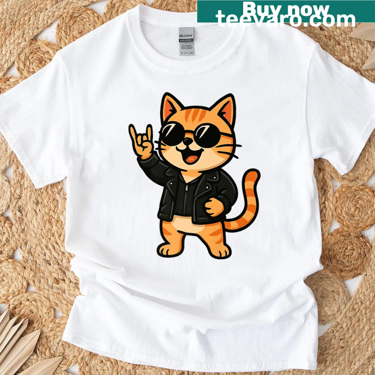 Cartoon cat illustration t-shirt depicting a cool rockstar pose — on a men's t-shirt