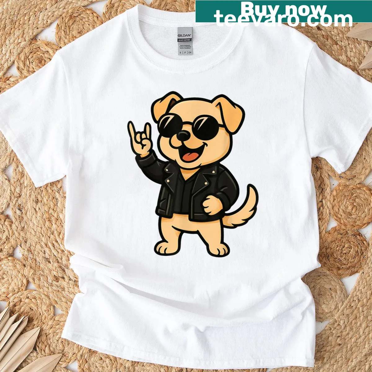 Cartoon dog illustration t-shirt depicting a cool rockstar pose — on a men's t-shirt