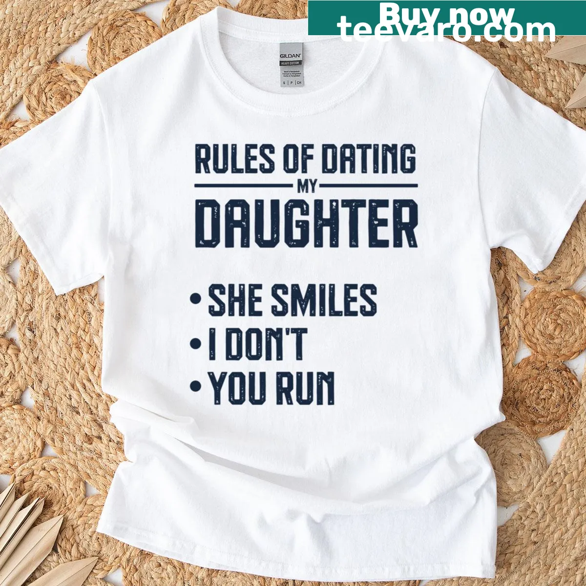 Humorous dad t-shirt with rules about dating his daughter — on a men's t-shirt