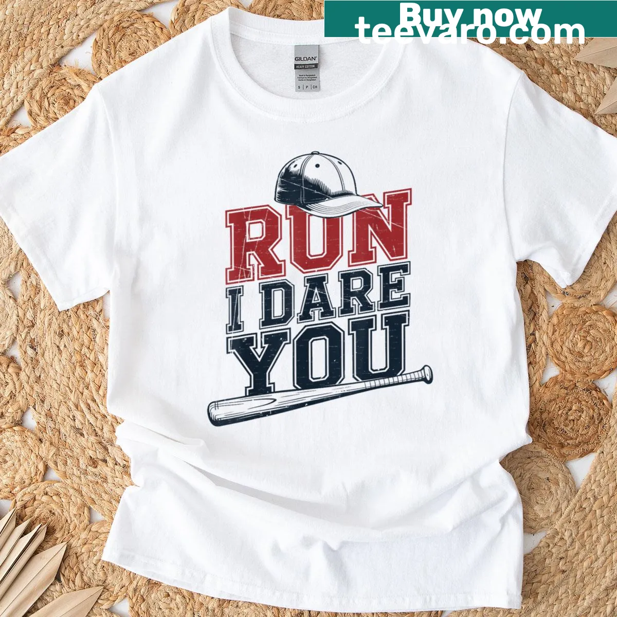 Funny baseball T-shirt with 'Run I Dare You' text — on a men's t-shirt