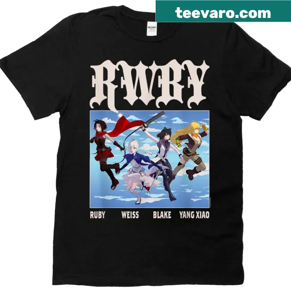Dynamic illustration of RWBY characters in action poses on a t-shirt