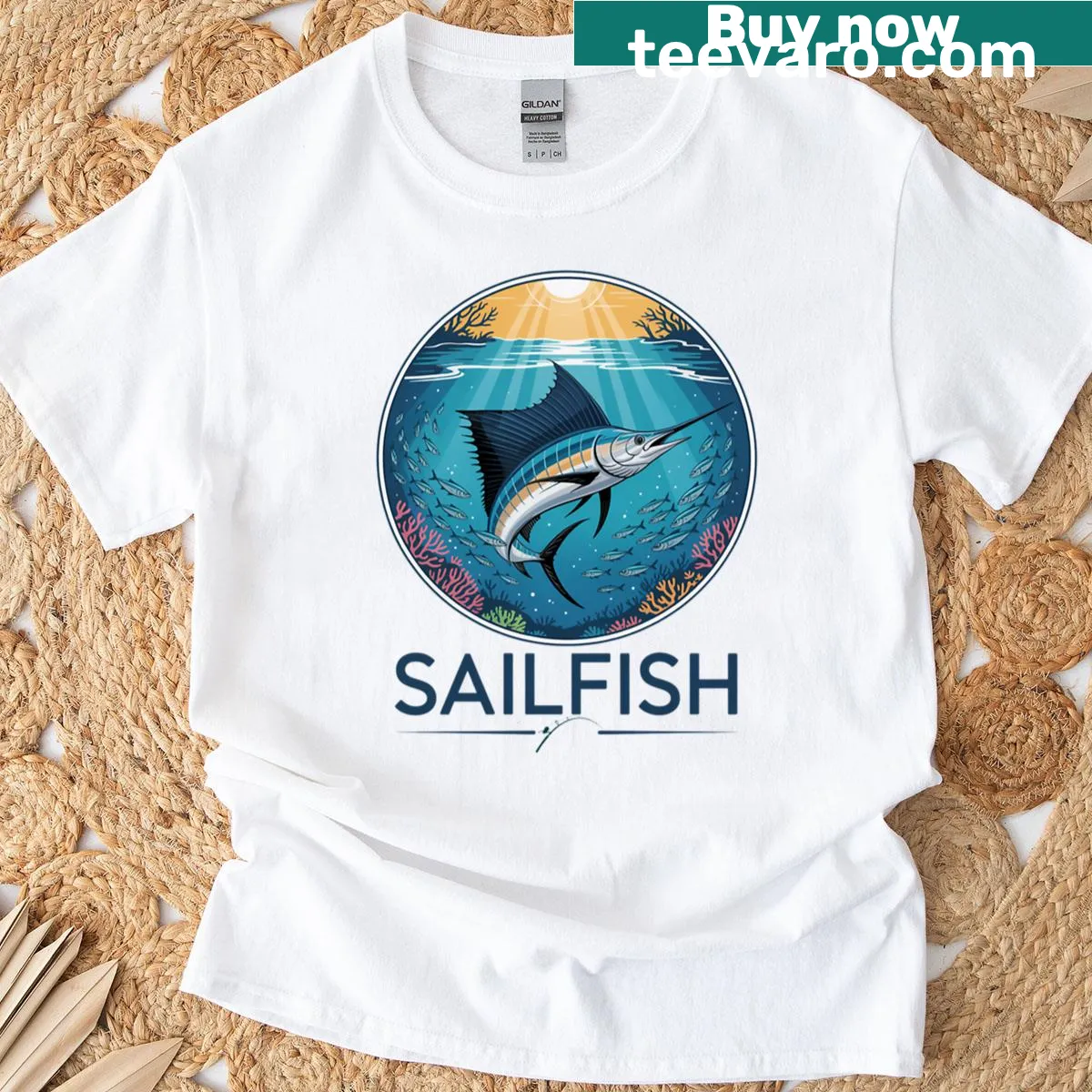 Realistic T-shirt depicting a sailfish in a tropical reef — on a men's t-shirt