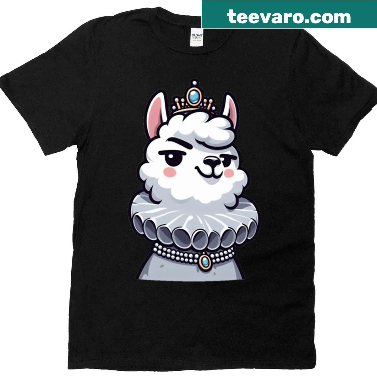 Cartoon llama princess T-shirt with crown and fancy collar illustration — on a men's t-shirt