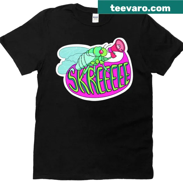 Playful cicada illustration on a T-shirt