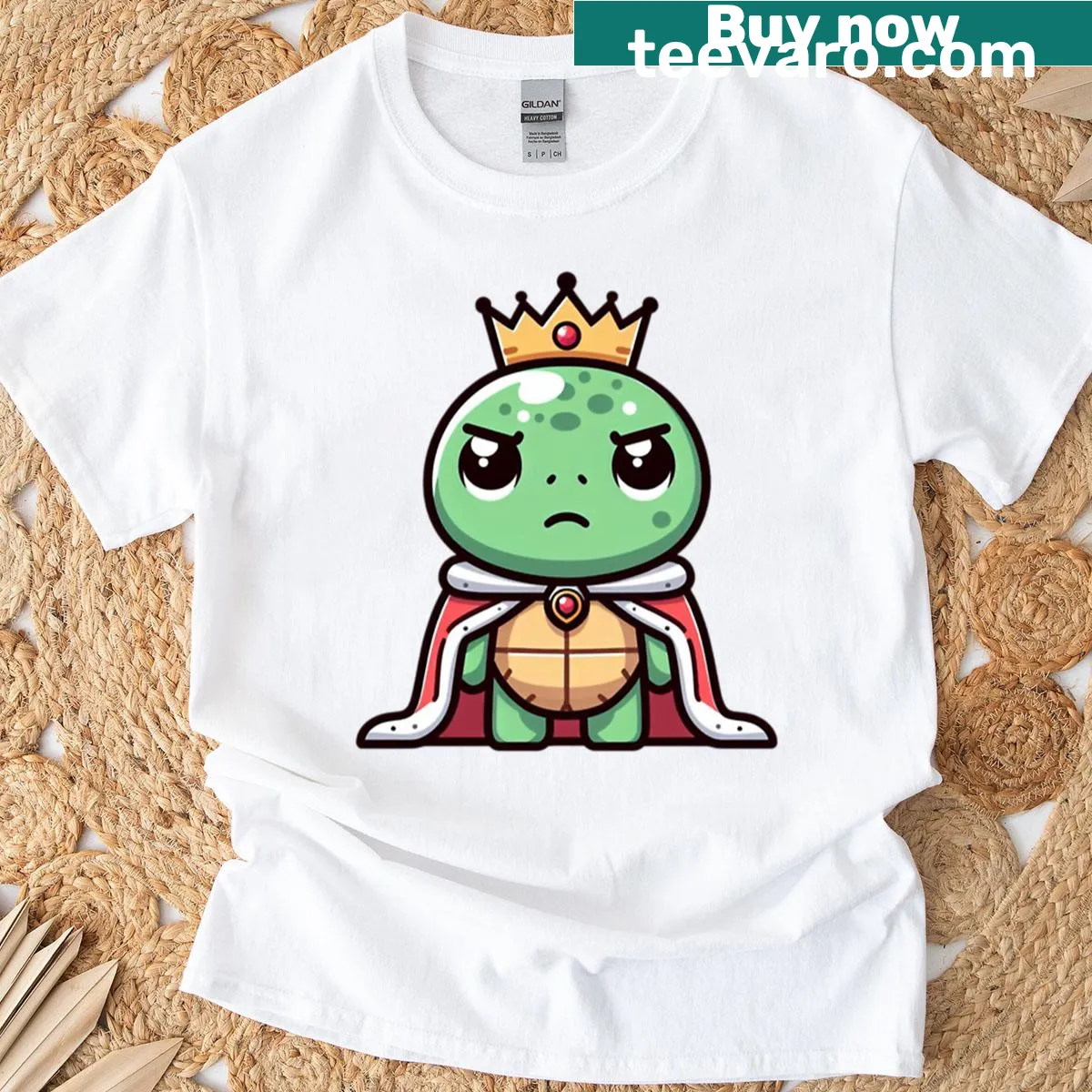 Cartoon turtle prince T-shirt featuring a crown and fancy cloak — on a men's t-shirt