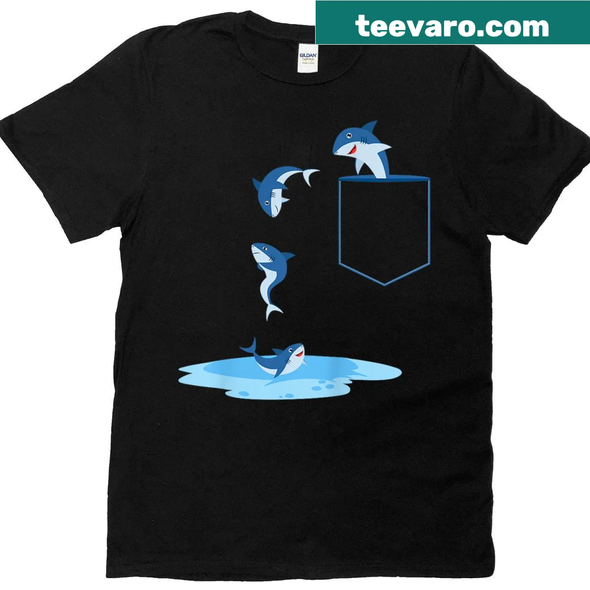 Funny T-shirt with cartoon shark popping out of a pocket — on a men's t-shirt