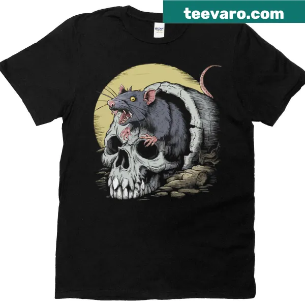 Skull rat illustration against a moonlit background on t-shirt