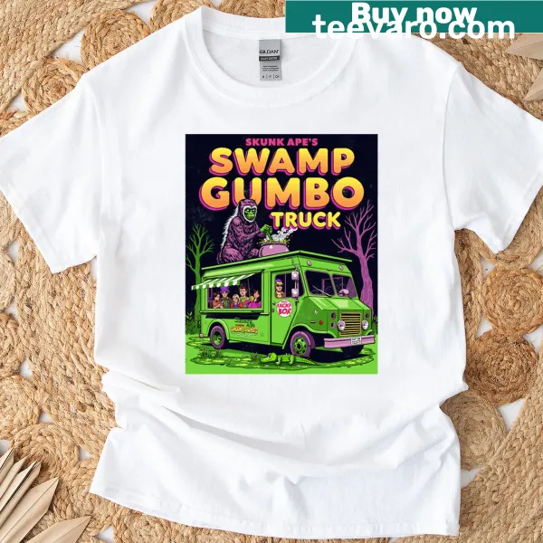 Cartoon food truck design featuring a skunk ape serving gumbo