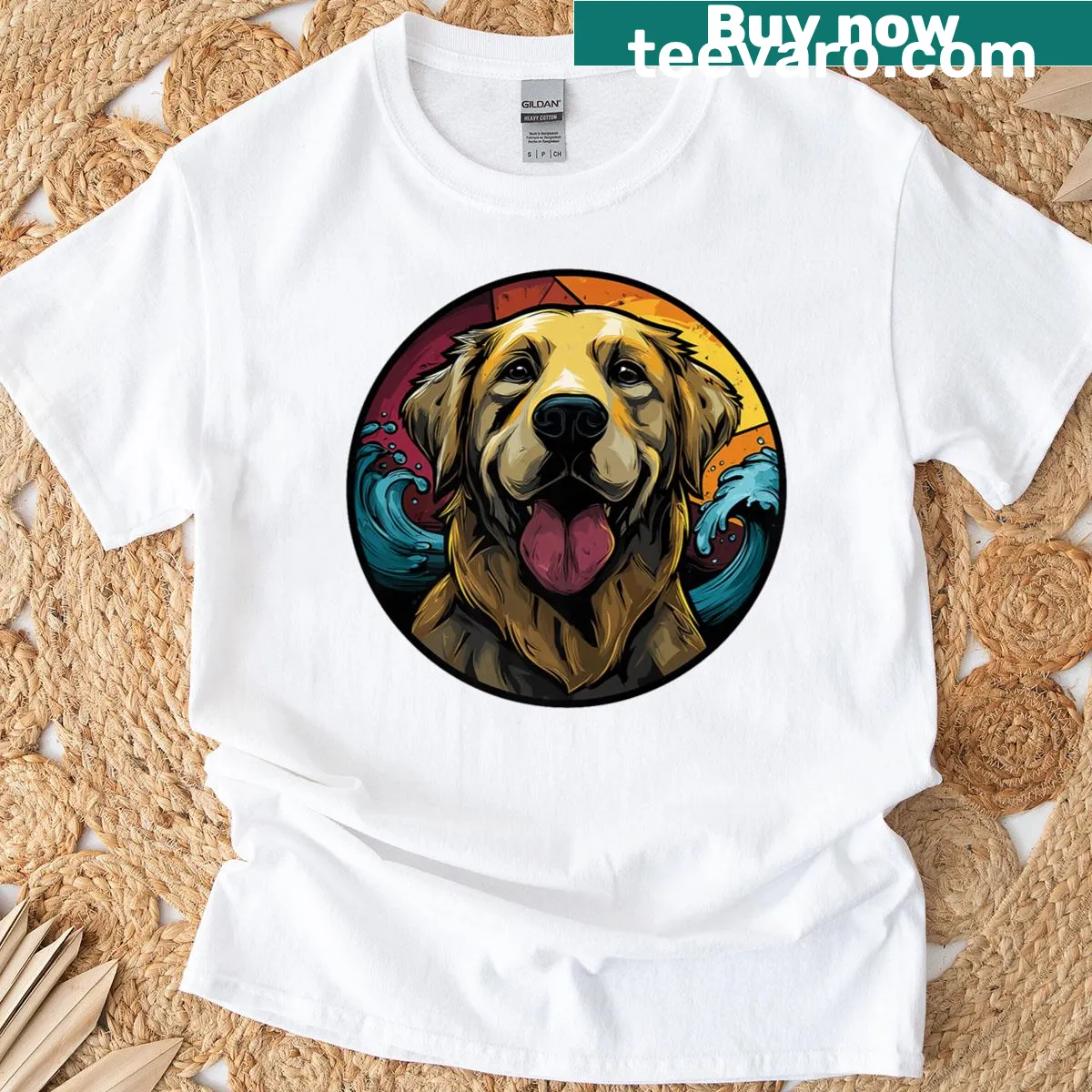 Cartoon T-shirt with a smiling yellow Labrador Retriever design — on a men's t-shirt