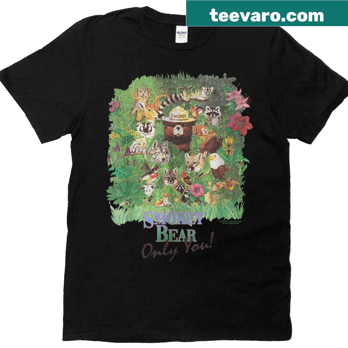 Vintage T-shirt featuring Smokey Bear and a wildlife scene — on a men's t-shirt
