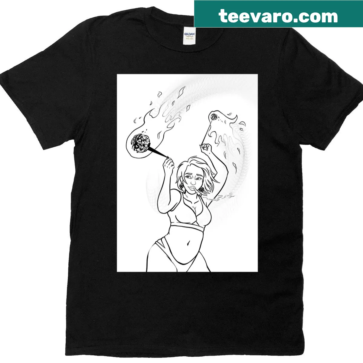 Graphic T-shirt featuring a fire dancer with poi — on a men's t-shirt